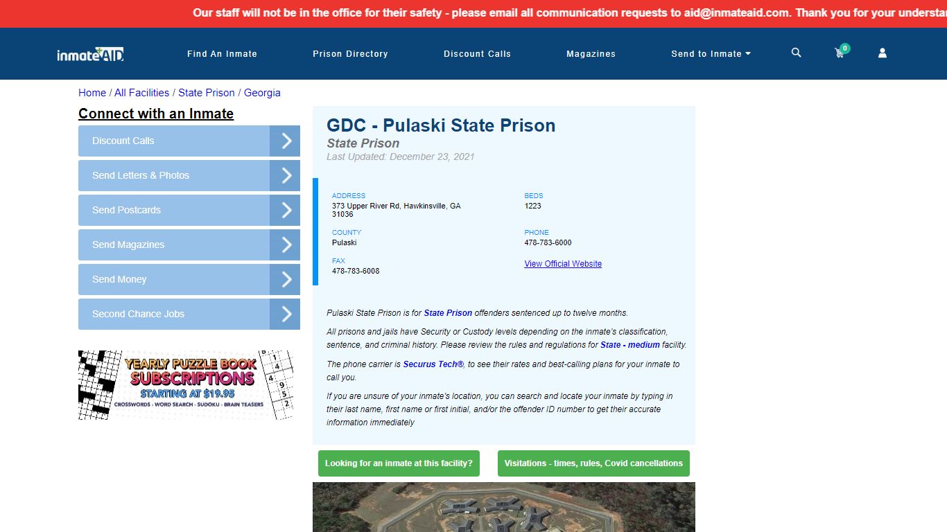 GDC - Pulaski State Prison & Inmate Search - Hawkinsville, GA